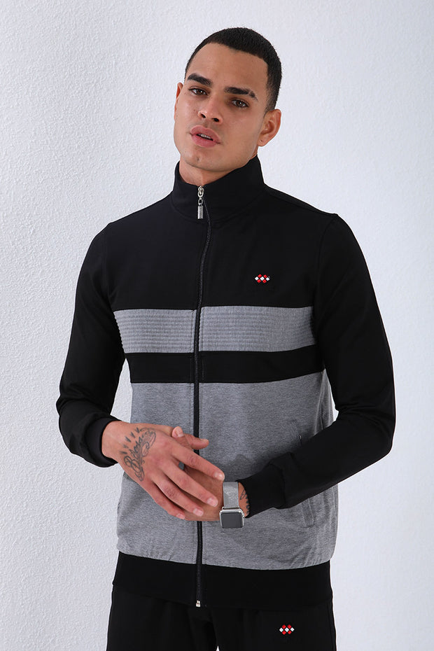 Black Gray Detailed Mandarin Collar Men's Tracksuit