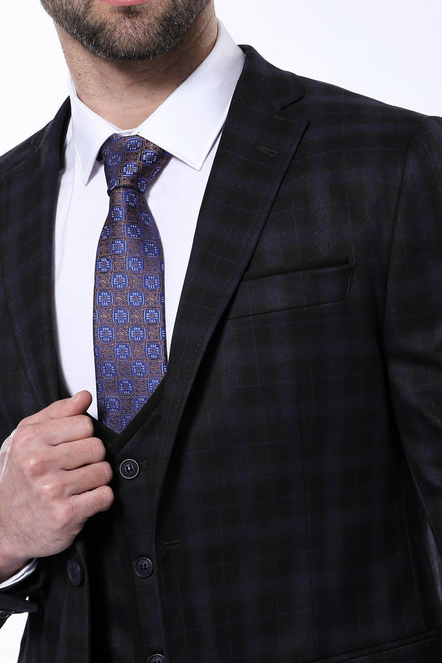 Black Plaid Men's Winter 3 Piece Suit