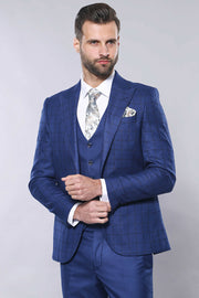 Blue Vested Suit With Plaid Blazer | Wessi 3 Piece Suits, 3-piece-suit, 34, 36, 38, 40, 42, 44, 46, 48, blue, mens-suit, mens-suit_obsolete, Modern Fit, Peak, Peak Lapel, Slim Fit, Suit Suit3