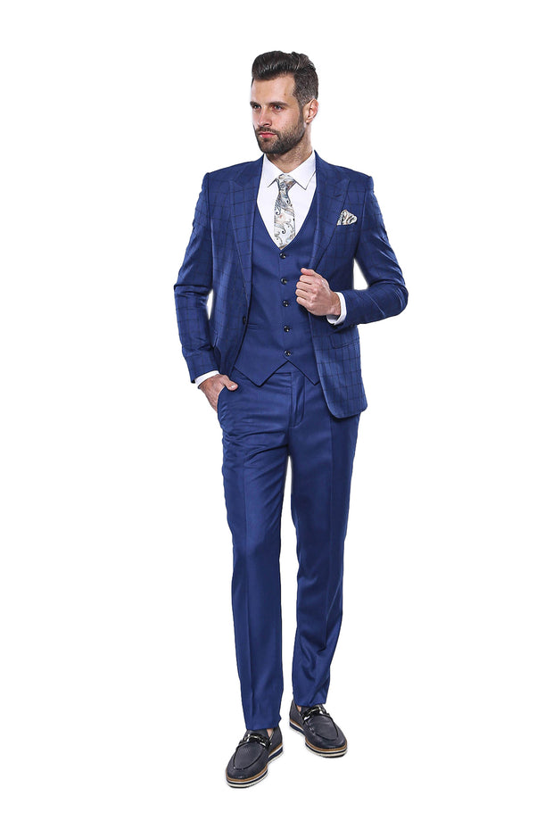 Blue Vested Suit With Plaid Blazer | Wessi 3 Piece Suits, 3-piece-suit, 34, 36, 38, 40, 42, 44, 46, 48, blue, mens-suit, mens-suit_obsolete, Modern Fit, Peak, Peak Lapel, Slim Fit, Suit Suit3