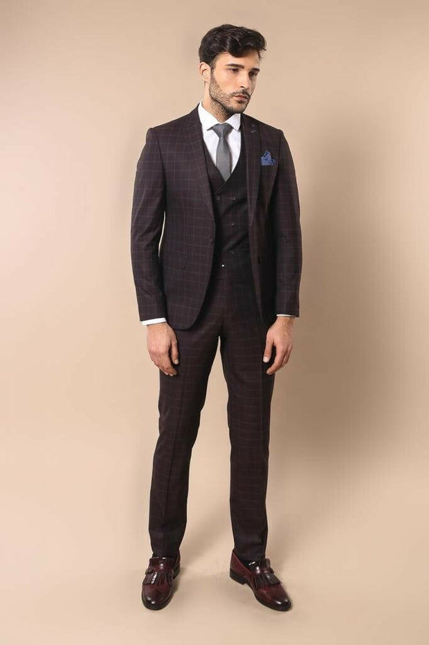 Blue Checked Burgundy Men's Suit | Wessi