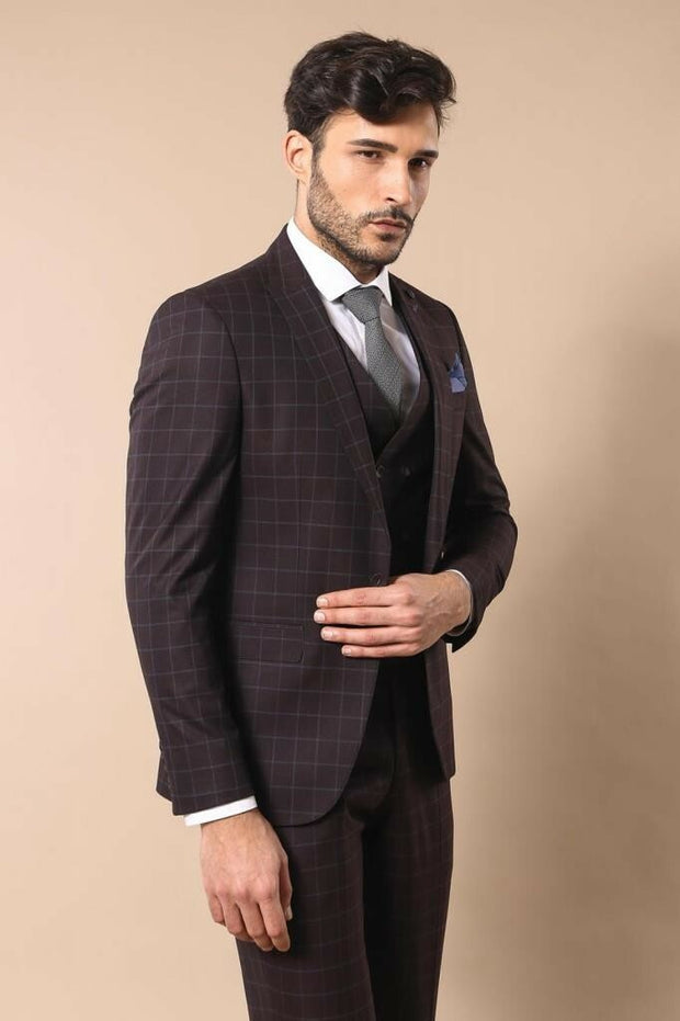 Blue Checked Burgundy Men's Suit | Wessi