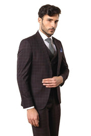 Blue Checked Burgundy Men's Suit | Wessi