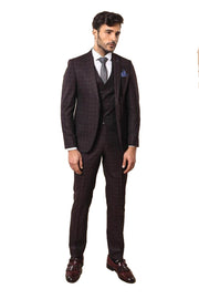 Blue Checked Burgundy Men's Suit | Wessi