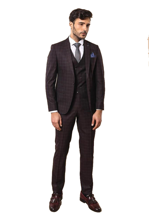 Blue Checked Burgundy Men's Suit | Wessi