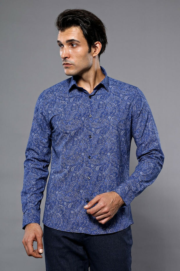 Blue Long Sleeve Patterned Shirt | Wessi