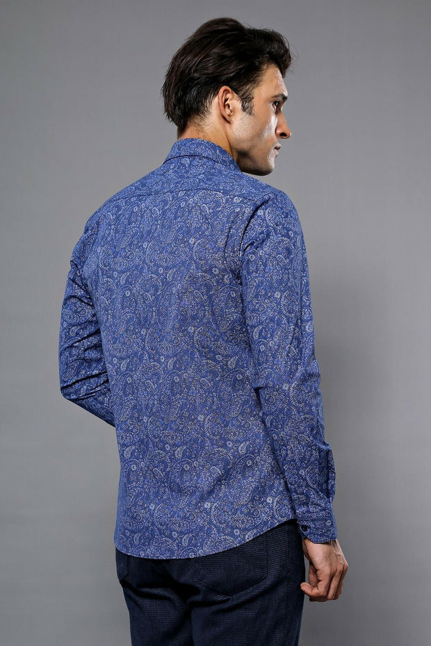 Blue Long Sleeve Patterned Shirt | Wessi