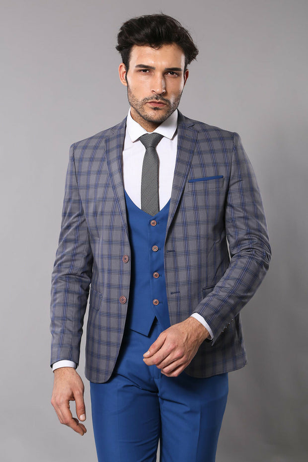 Blue Suit With Checked Blazer | Wessi 3 Piece Suits, 3-piece-suit, 42, Checked, Classic Blazer, Combined Suit, Notch, Plaid, Suit Suit3 Piece Suits - wessi