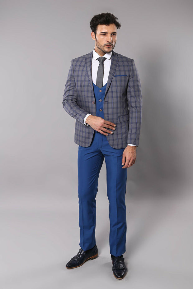 Blue Suit With Checked Blazer | Wessi 3 Piece Suits, 3-piece-suit, 42, Checked, Classic Blazer, Combined Suit, Notch, Plaid, Suit Suit3 Piece Suits - wessi