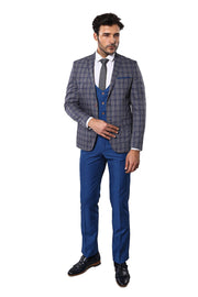 Blue Suit With Checked Blazer | Wessi 3 Piece Suits, 3-piece-suit, 42, Checked, Classic Blazer, Combined Suit, Notch, Plaid, Suit Suit3 Piece Suits - wessi