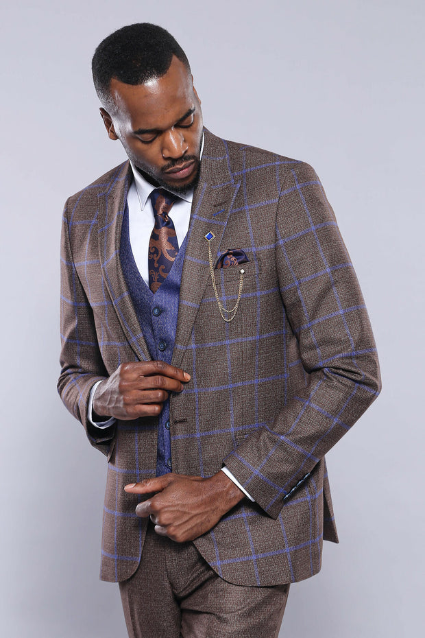 Brown Blue Checked Suit | Wessi 3 Piece Suits, 3-piece-suit, 34, 36, 38, 40, 42, 44, 46, 48, Brown, Checked, mens-suit_obsolete, Modern Fit, Plaid, Slim Fit, Suit, tan Suit3 Piece Suits - wes