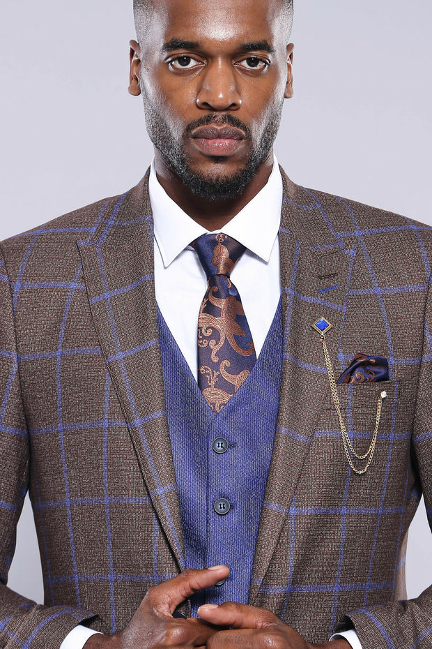 Brown Blue Checked Suit | Wessi 3 Piece Suits, 3-piece-suit, 34, 36, 38, 40, 42, 44, 46, 48, Brown, Checked, mens-suit_obsolete, Modern Fit, Plaid, Slim Fit, Suit, tan Suit3 Piece Suits - wes