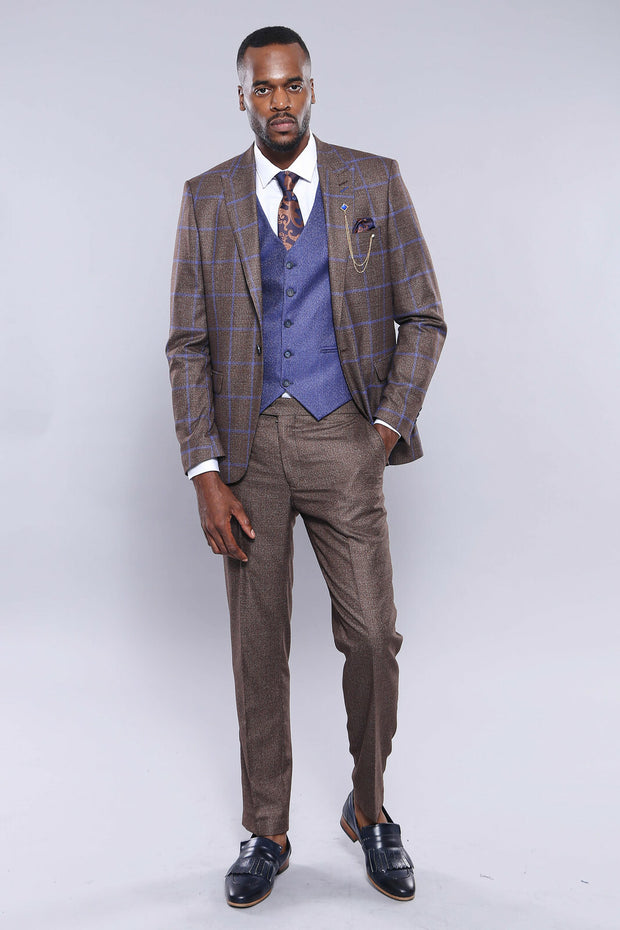 Brown Blue Checked Suit | Wessi 3 Piece Suits, 3-piece-suit, 34, 36, 38, 40, 42, 44, 46, 48, Brown, Checked, mens-suit_obsolete, Modern Fit, Plaid, Slim Fit, Suit, tan Suit3 Piece Suits - wes