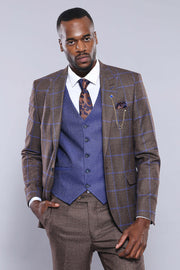 Brown Blue Checked Suit | Wessi 3 Piece Suits, 3-piece-suit, 34, 36, 38, 40, 42, 44, 46, 48, Brown, Checked, mens-suit_obsolete, Modern Fit, Plaid, Slim Fit, Suit, tan Suit3 Piece Suits - wes