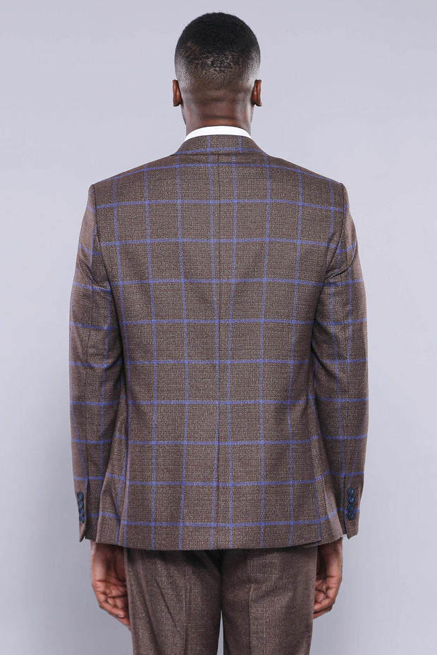 Brown Blue Checked Suit | Wessi 3 Piece Suits, 3-piece-suit, 34, 36, 38, 40, 42, 44, 46, 48, Brown, Checked, mens-suit_obsolete, Modern Fit, Plaid, Slim Fit, Suit, tan Suit3 Piece Suits - wes