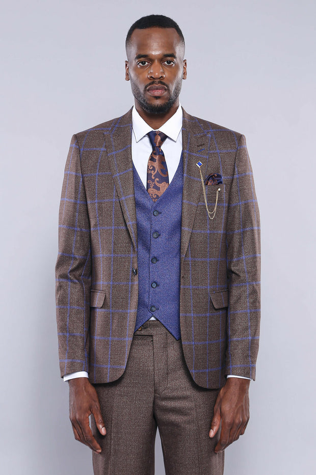 Brown Blue Checked Suit | Wessi 3 Piece Suits, 3-piece-suit, 34, 36, 38, 40, 42, 44, 46, 48, Brown, Checked, mens-suit_obsolete, Modern Fit, Plaid, Slim Fit, Suit, tan Suit3 Piece Suits - wes