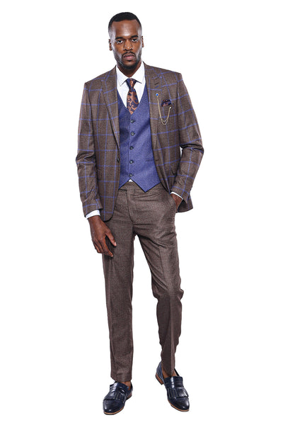 Brown Blue Checked Suit | Wessi 3 Piece Suits, 3-piece-suit, 34, 36, 38, 40, 42, 44, 46, 48, Brown, Checked, mens-suit_obsolete, Modern Fit, Plaid, Slim Fit, Suit, tan Suit3 Piece Suits - wes