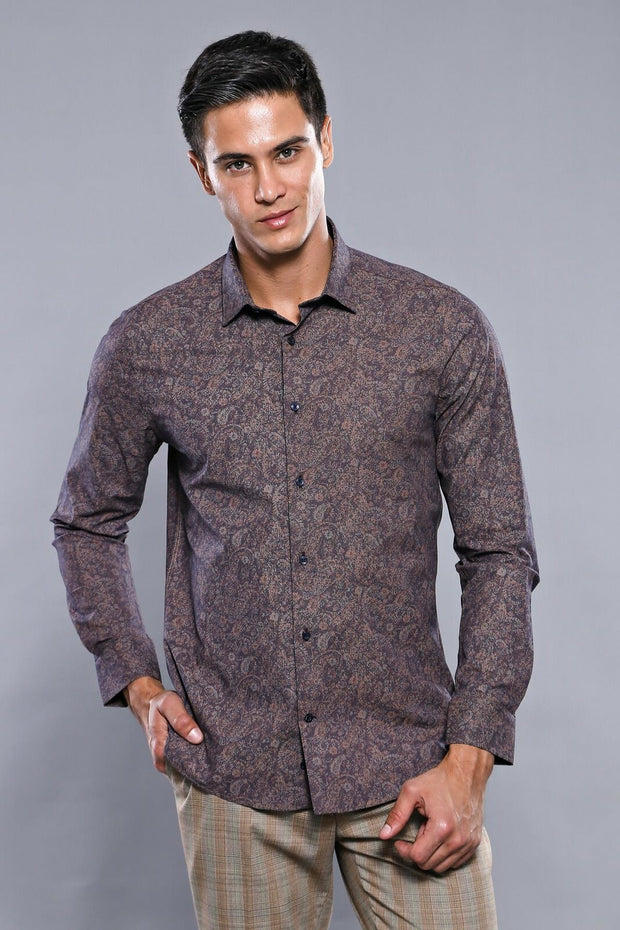 Brown Patterned Shirt | Wessi 3-piece-suit, Casual, Cuff, Daily, Floral, Italian, Long Sleeve, Modern Fit, Patterned, Shirt, Slim Fit, Slim Fit Shirt ShirtSlim Fit Shirt - wessi