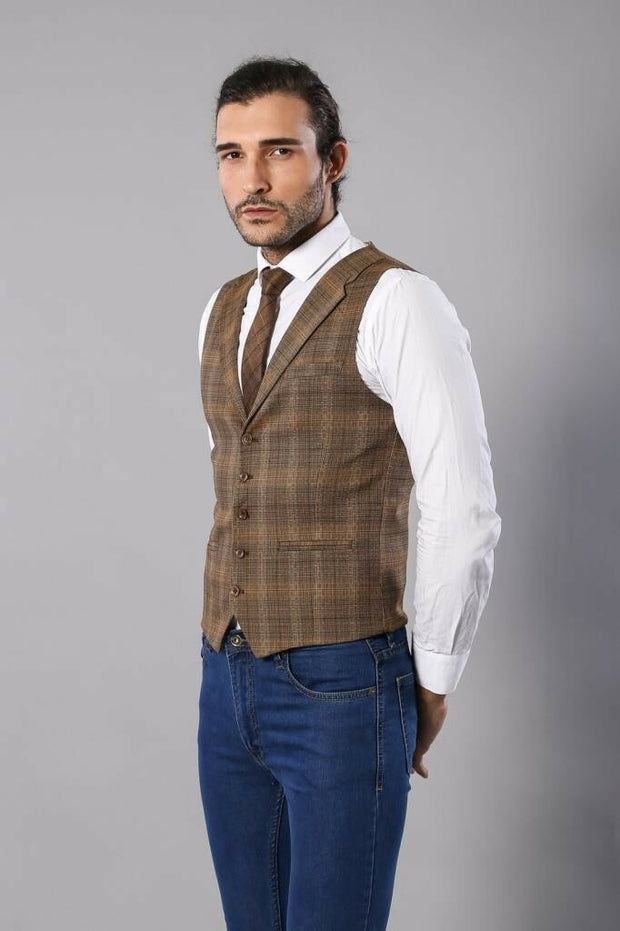 Brown Plaid Vest | Wessi 3-piece-suit, 34, Brown, Modern Fit, Slim Fit, tan, Vest Vest - wessi