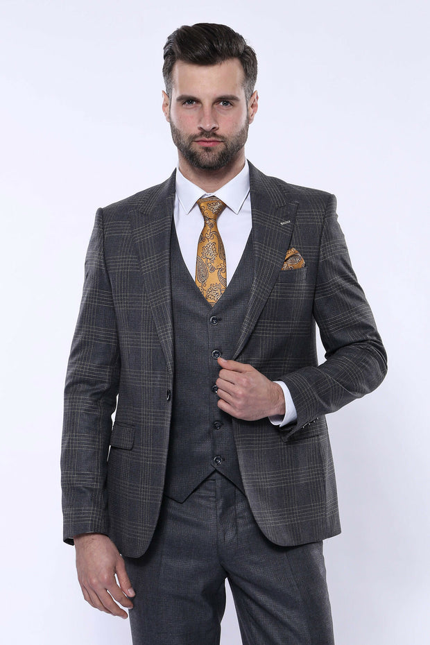 Brown Suit With Checked Blazer | Wessi 3 Piece Suits, 3-piece-suit, 34, 36, 48, Beige, Brown, Checked, Cream, mens-suit_obsolete, Peak, Peak Lapel, Plaid, Suit Suit3 Piece Suits - wessi