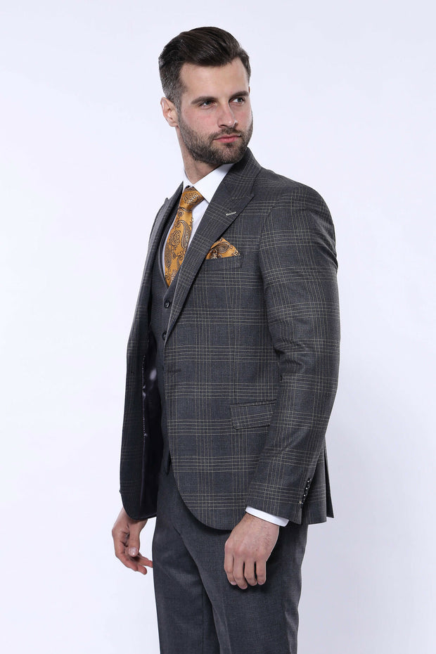 Brown Suit With Checked Blazer | Wessi 3 Piece Suits, 3-piece-suit, 34, 36, 48, Beige, Brown, Checked, Cream, mens-suit_obsolete, Peak, Peak Lapel, Plaid, Suit Suit3 Piece Suits - wessi