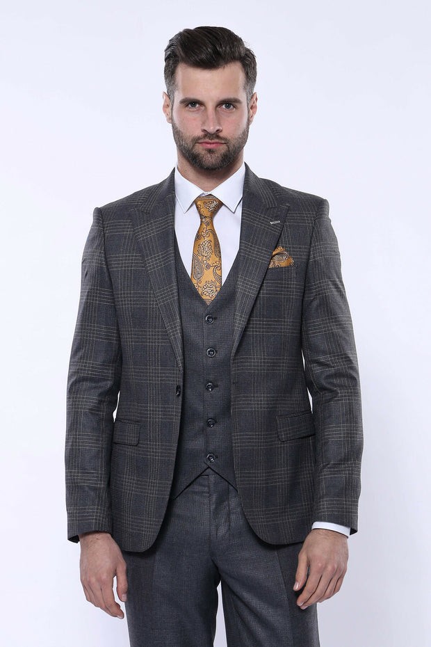 Brown Suit With Checked Blazer | Wessi 3 Piece Suits, 3-piece-suit, 34, 36, 48, Beige, Brown, Checked, Cream, mens-suit_obsolete, Peak, Peak Lapel, Plaid, Suit Suit3 Piece Suits - wessi