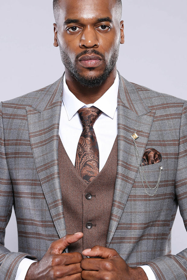 Brown Suit With Checked Blazer | Wessi 3 Piece Suits, 3-piece-suit, 34, 36, 38, 40, 42, 44, 46, Checked, Combined, Combined Suit, mens-suit, mens-suit_obsolete, Modern Fit, Peak, Peak Lapel, 