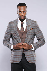 Brown Suit With Checked Blazer | Wessi 3 Piece Suits, 3-piece-suit, 34, 36, 38, 40, 42, 44, 46, Checked, Combined, Combined Suit, mens-suit, mens-suit_obsolete, Modern Fit, Peak, Peak Lapel, 