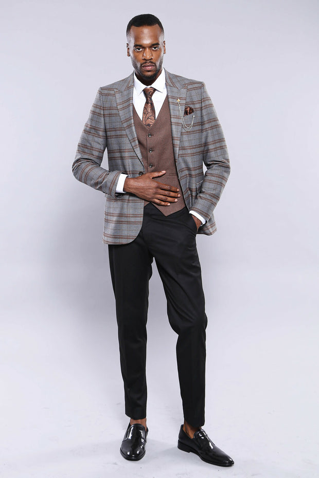 Brown Suit With Checked Blazer | Wessi 3 Piece Suits, 3-piece-suit, 34, 36, 38, 40, 42, 44, 46, Checked, Combined, Combined Suit, mens-suit, mens-suit_obsolete, Modern Fit, Peak, Peak Lapel, 