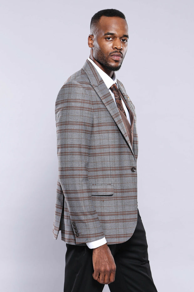 Brown Suit With Checked Blazer | Wessi 3 Piece Suits, 3-piece-suit, 34, 36, 38, 40, 42, 44, 46, Checked, Combined, Combined Suit, mens-suit, mens-suit_obsolete, Modern Fit, Peak, Peak Lapel, 