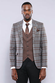 Brown Suit With Checked Blazer | Wessi 3 Piece Suits, 3-piece-suit, 34, 36, 38, 40, 42, 44, 46, Checked, Combined, Combined Suit, mens-suit, mens-suit_obsolete, Modern Fit, Peak, Peak Lapel, 