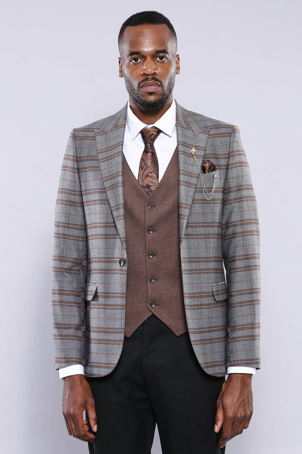 Brown Suit With Checked Blazer | Wessi 3 Piece Suits, 3-piece-suit, 34, 36, 38, 40, 42, 44, 46, Checked, Combined, Combined Suit, mens-suit, mens-suit_obsolete, Modern Fit, Peak, Peak Lapel, 