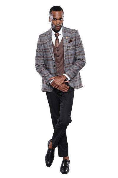 Brown Suit With Checked Blazer | Wessi 3 Piece Suits, 3-piece-suit, 34, 36, 38, 40, 42, 44, 46, Checked, Combined, Combined Suit, mens-suit, mens-suit_obsolete, Modern Fit, Peak, Peak Lapel, 