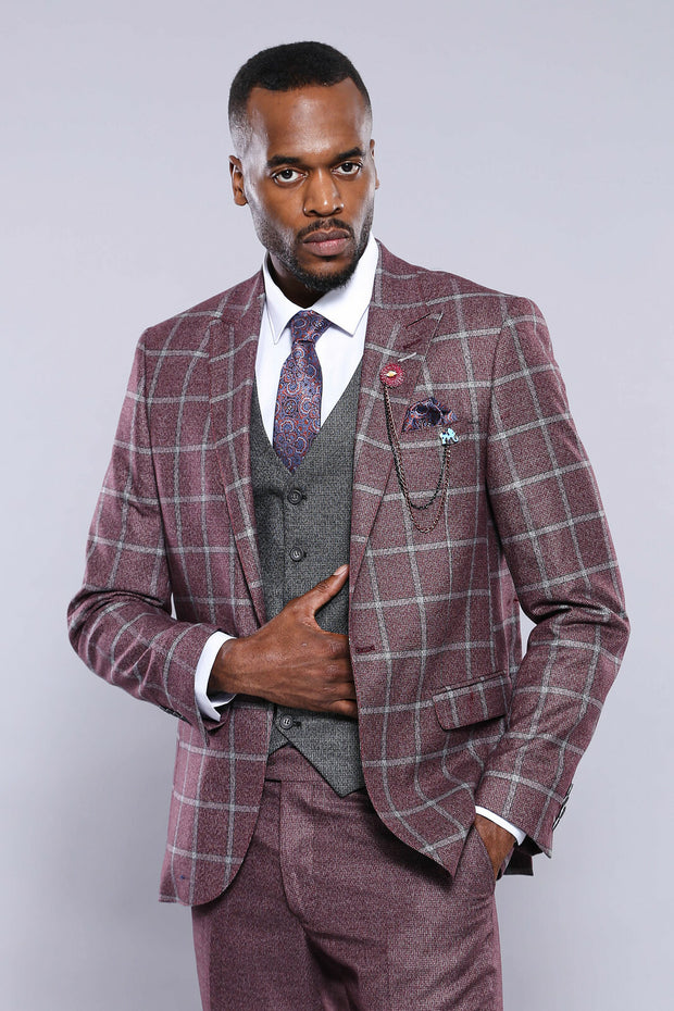 Burgundy Combined Suit | Wessi 3 Piece Suits, 3-piece-suit, 34, 36, 38, 42, 46, 48, mens-suit_obsolete, Modern Fit, Peak, Peak Lapel, Slim Fit, Suit Suit3 Piece Suits - wessi