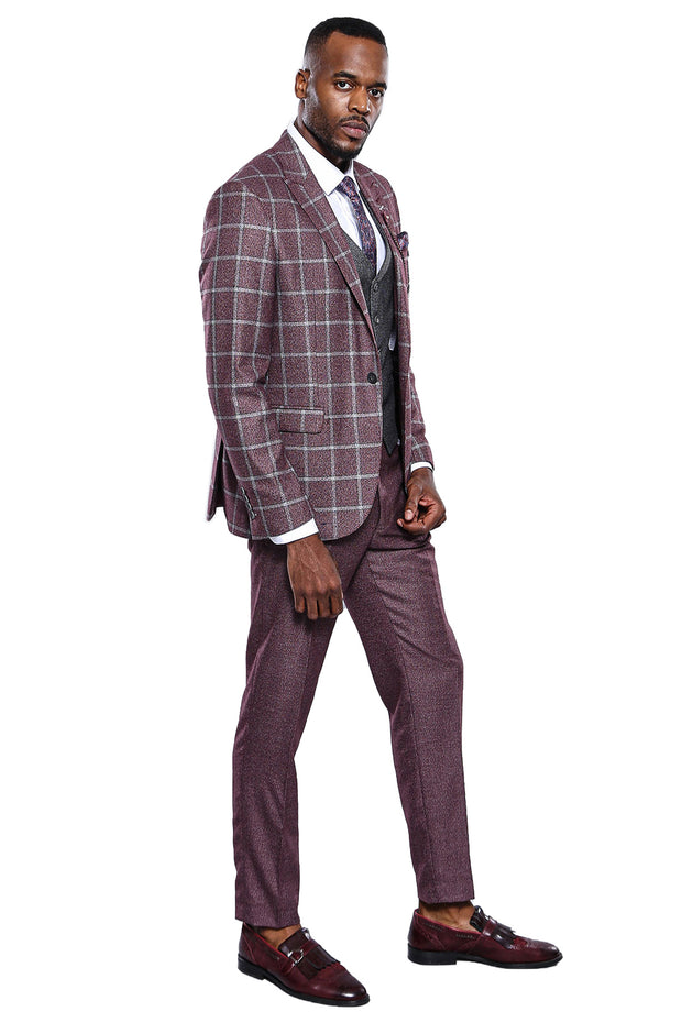 Burgundy Combined Suit | Wessi 3 Piece Suits, 3-piece-suit, 34, 36, 38, 42, 46, 48, mens-suit_obsolete, Modern Fit, Peak, Peak Lapel, Slim Fit, Suit Suit3 Piece Suits - wessi