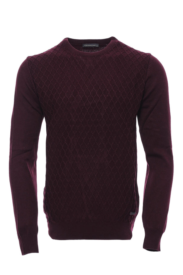 Burgundy Diamond Pattern Circle Neck Sweater 3-piece-suit, Circle Neck, Crew Neck, Crew Neck Sweater, Daily, Knit, Knitwear, L, M, Modern Fit, Patterned, Slim Fit, XL KnitwearCrew Neck Sweate