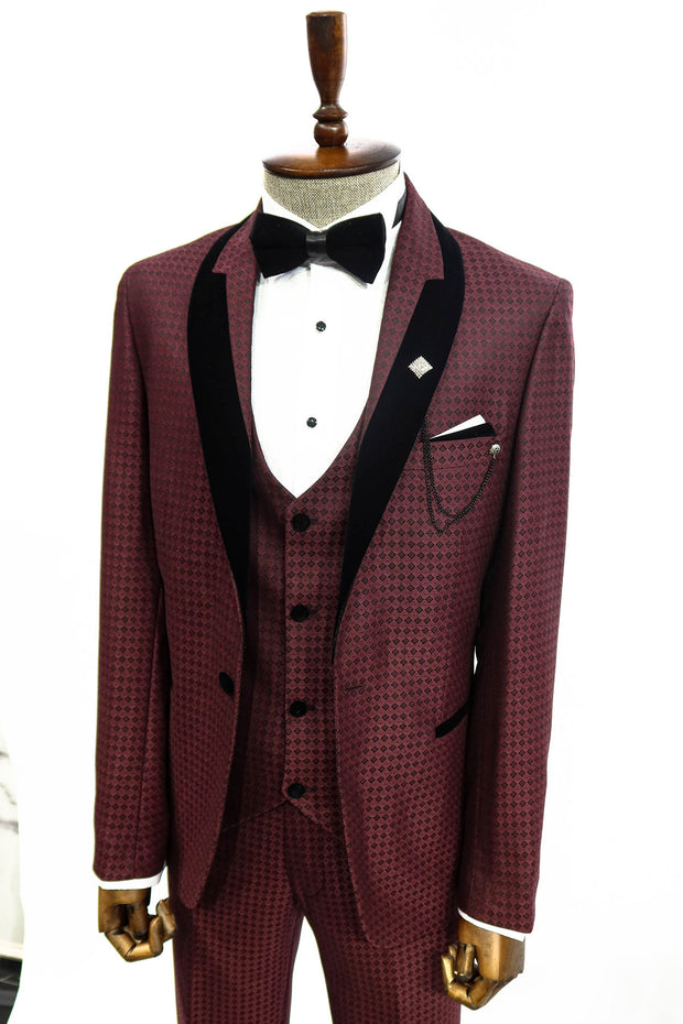 Burgundy Patterned Tuxedo Suit Set | Wessi 34, 36, 38, 40, 42, 44, 46, 48 Burgundy, Burgundy, New Season, Party, Wedding New Season - wessi