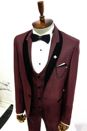 Burgundy Patterned Tuxedo Suit Set | Wessi 34, 36, 38, 40, 42, 44, 46, 48 Burgundy, Burgundy, New Season, Party, Wedding New Season - wessi