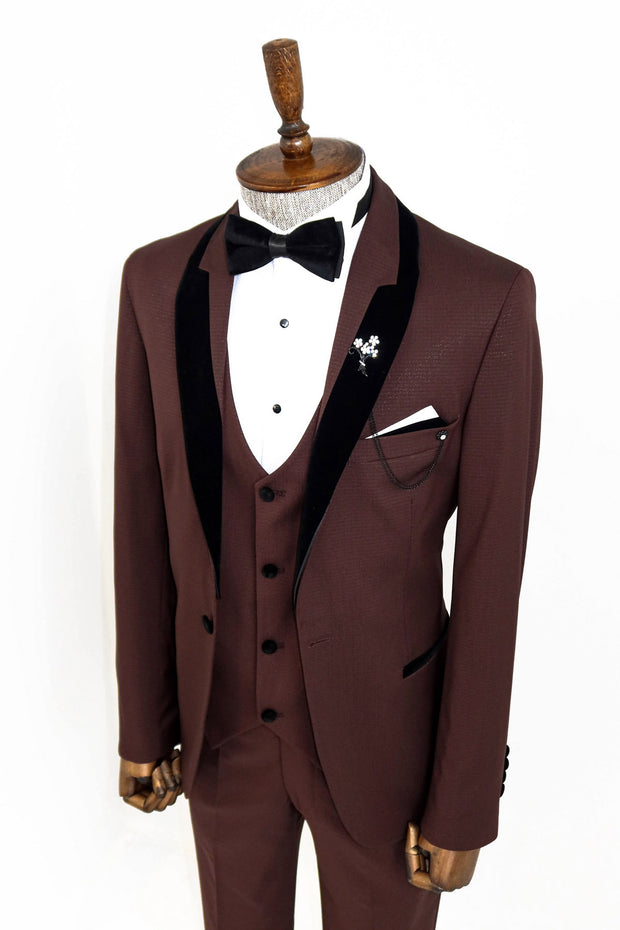 Burgundy Patterned Velvet Shawl Lapel Tuxedo Set | Wessi 34, 36, 38, 40, 42, 44, 46, 48, New Season, Party, Wedding New Season - wessi