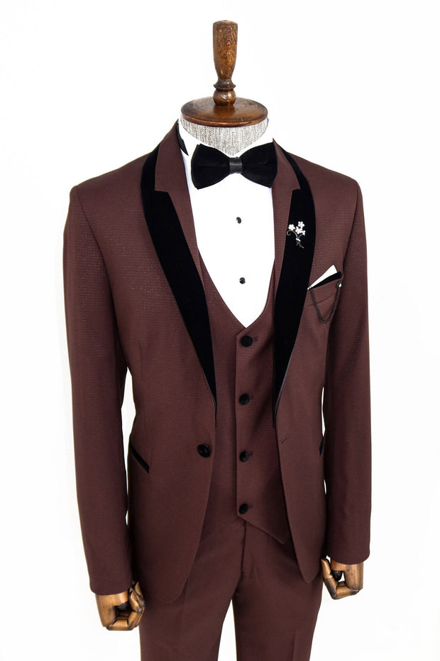 Burgundy Patterned Velvet Shawl Lapel Tuxedo Set | Wessi 34, 36, 38, 40, 42, 44, 46, 48, New Season, Party, Wedding New Season - wessi