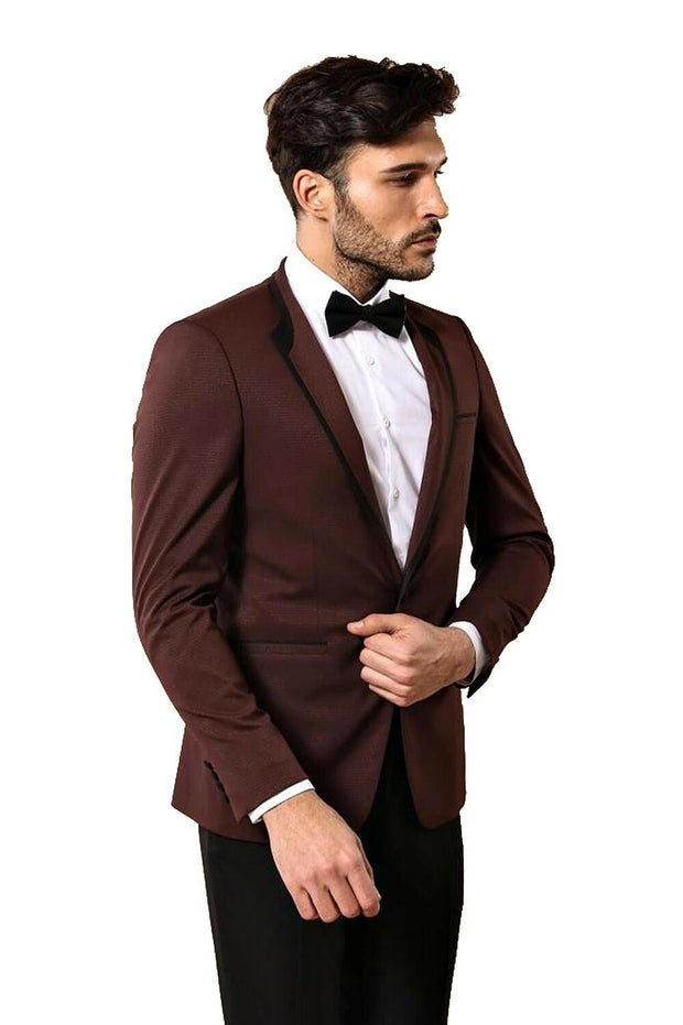 Burgundy Shawl Lapel Tuxedo | Wessi 3-piece-suit, 34, 36, 38, 40, 42, 44, mens-suit_obsolete, Modern Fit, Party, Peak, Peak Lapel, Shawl, Slim Fit, Slim Fit Suit, Suit, Wedding OutletSuit - w