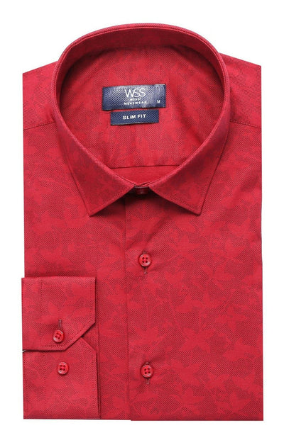 Burgundy Slimfit Shirt with Self Flower Pattern 3-piece-suit, Casual, Casual Shirt, Daily, Floral, Italian, Modern Fit, Patterned, Shirt, Slim Fit, Sport ShirtCasual Shirt - wessi