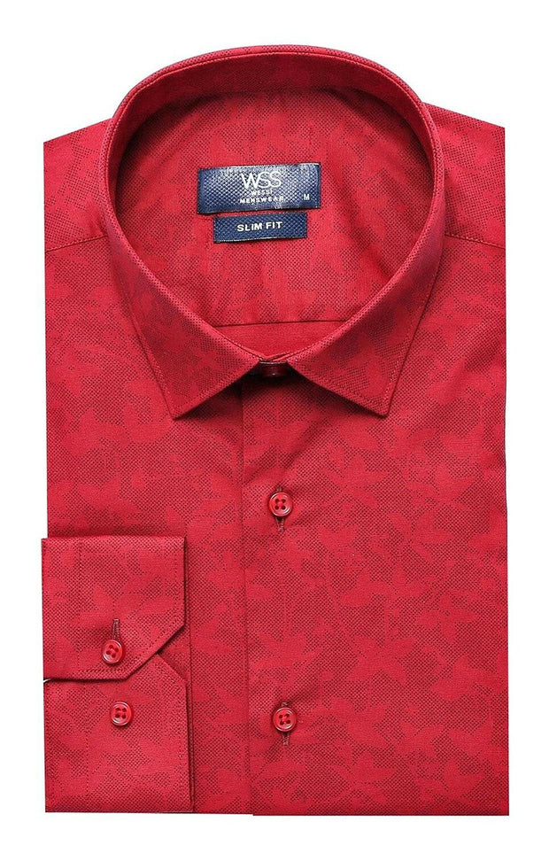 Burgundy Slimfit Shirt with Self Flower Pattern 3-piece-suit, Casual, Casual Shirt, Daily, Floral, Italian, Modern Fit, Patterned, Shirt, Slim Fit, Sport ShirtCasual Shirt - wessi