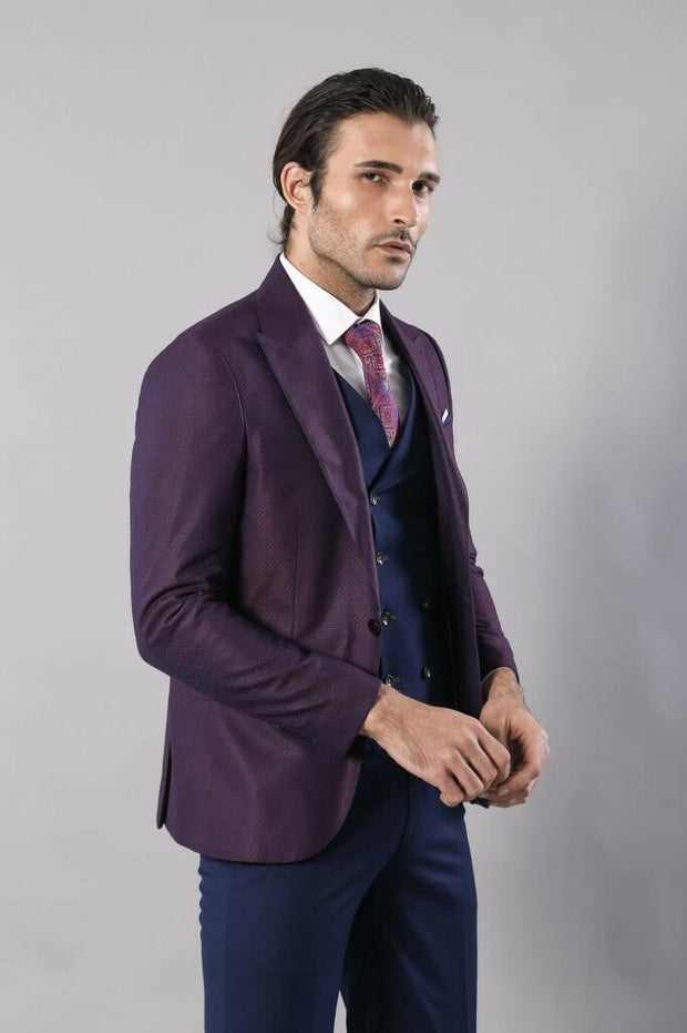 Burgundy Suit Combined Blue Vest | Wessi 3-piece-suit, 36, 38, 40, 42, 44, 46, Blue, Combined, Modern Fit, Navy, Navy Blue, Peak, Peak Lapel, Slim Fit, Slim Fit Suit, Suit OutletSuit - wessi