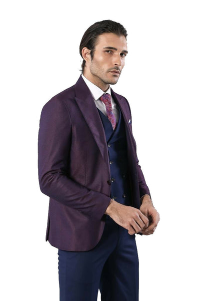 Burgundy Suit Combined Blue Vest | Wessi 3-piece-suit, 36, 38, 40, 42, 44, 46, Blue, Combined, Modern Fit, Navy, Navy Blue, Peak, Peak Lapel, Slim Fit, Slim Fit Suit, Suit OutletSuit - wessi