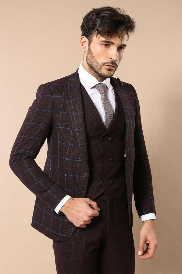 Burgundy Suit with Checked Blazer | Wessi $100 - $150, 3-piece-suit, 38, 6 Drop, Burgundy, Burgundy Suit, Casual, Casual Suit, Checked, Daily, Double Breasted, Italian Suit, mens-suit_obsolet