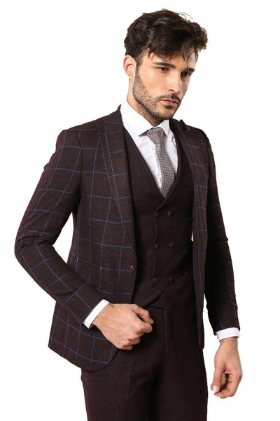 Burgundy Suit with Checked Blazer | Wessi $100 - $150, 3-piece-suit, 38, 6 Drop, Burgundy, Burgundy Suit, Casual, Casual Suit, Checked, Daily, Double Breasted, Italian Suit, mens-suit_obsolet