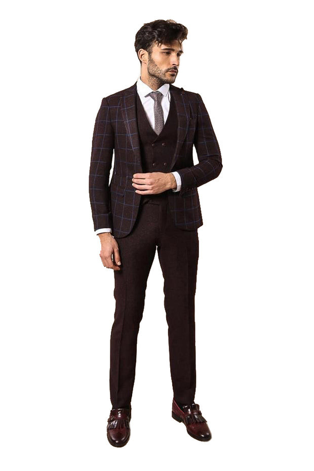 Burgundy Suit with Checked Blazer | Wessi $100 - $150, 3-piece-suit, 38, 6 Drop, Burgundy, Burgundy Suit, Casual, Casual Suit, Checked, Daily, Double Breasted, Italian Suit, mens-suit_obsolet