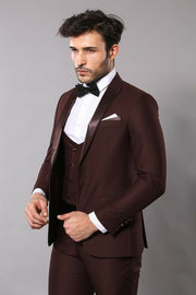 Burgundy Vested Men's Wedding Suit | Wessi $150 - $200, 3-piece-suit, 34, 6 Drop, Detachable, Detachable Lapel, Italian, Italian Suit, mens-suit_obsolete, Modern Fit, Party, Peak, Peak Lapel,