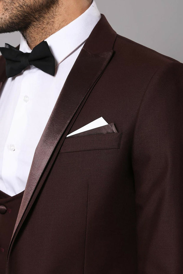 Burgundy Vested Men's Wedding Suit | Wessi $150 - $200, 3-piece-suit, 34, 6 Drop, Detachable, Detachable Lapel, Italian, Italian Suit, mens-suit_obsolete, Modern Fit, Party, Peak, Peak Lapel,